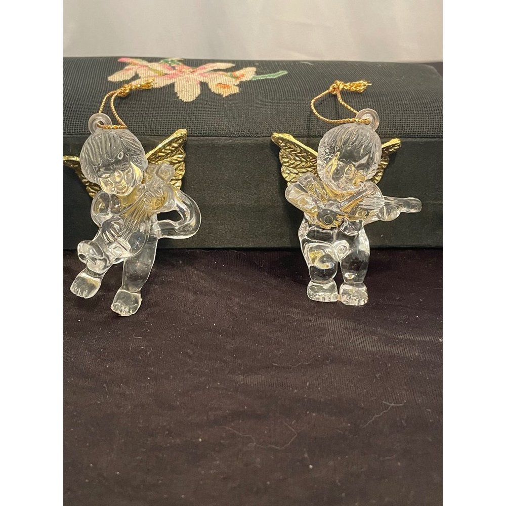 Vintage Angels Christmas Ornaments Clear Acrylic Cherubs Gold Winged Set of 2